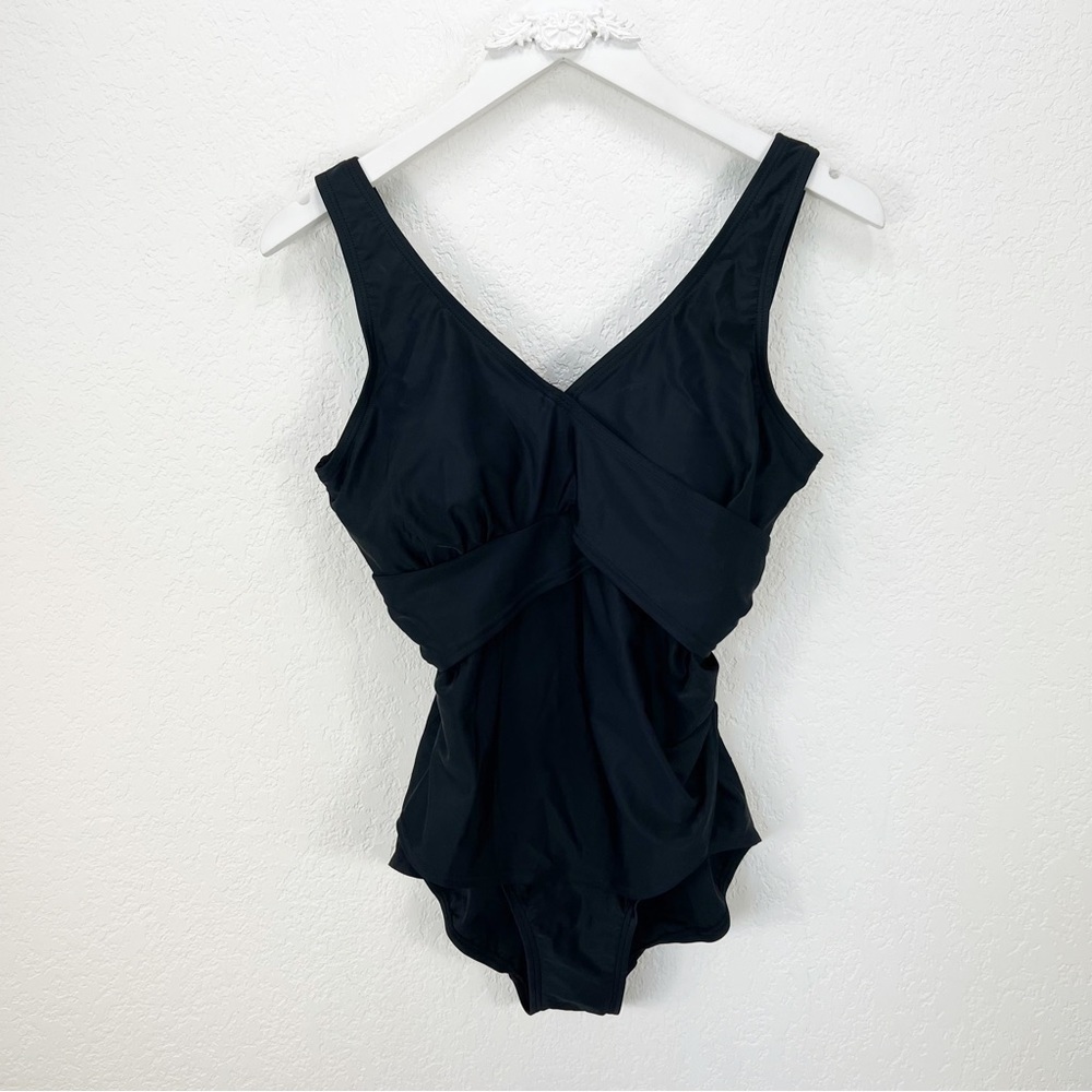 Ellos Black Surplice One Piece Swimsuit Sarong Front Size 14W